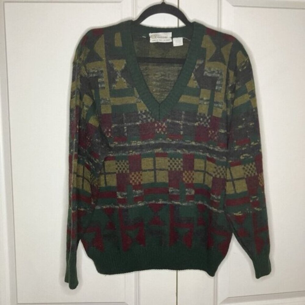 Vintage Treccani Sweater Mens Wool Blend V-neck Grandpa Green Knit Geometric